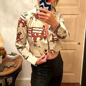 RARE VINTAGE sz S Western print sparkle corduroy cropped button front jacket